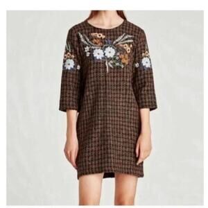 Zara Tweed Mini Floral Embroidered Brown/Orange Sequins Ladies Dress